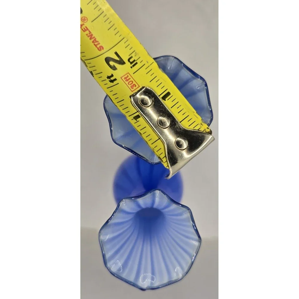 Hand Blown Murano Art Cobalt Blue Encased Opulescent Ruffled Swirl Glass Vase